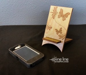 Wood Phone Stand - Phone Laying Flat - Fine Line Logo